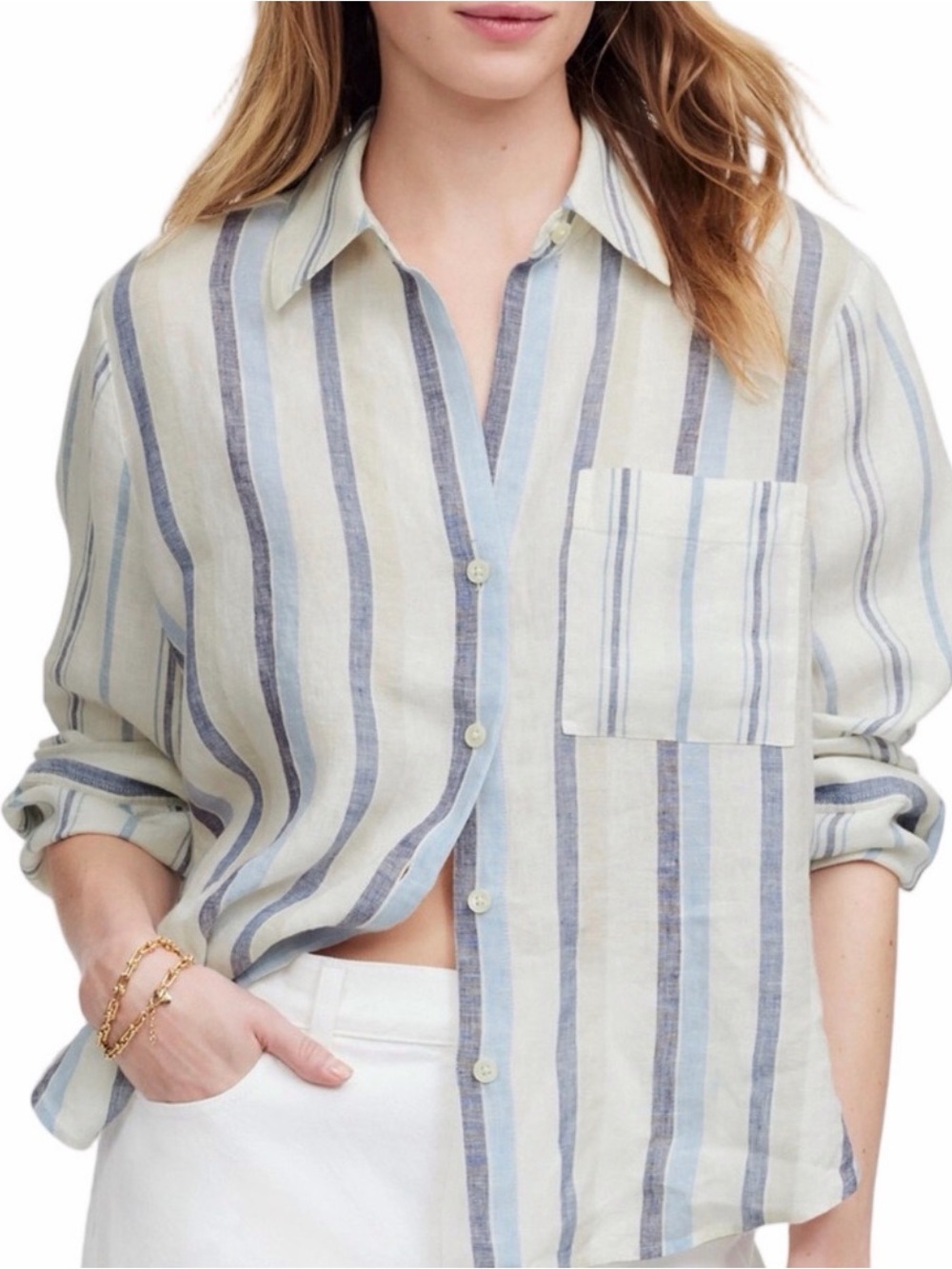 Madewell Striped Linen Y-Neck Button-Down Shirt - Picture 3 of 8